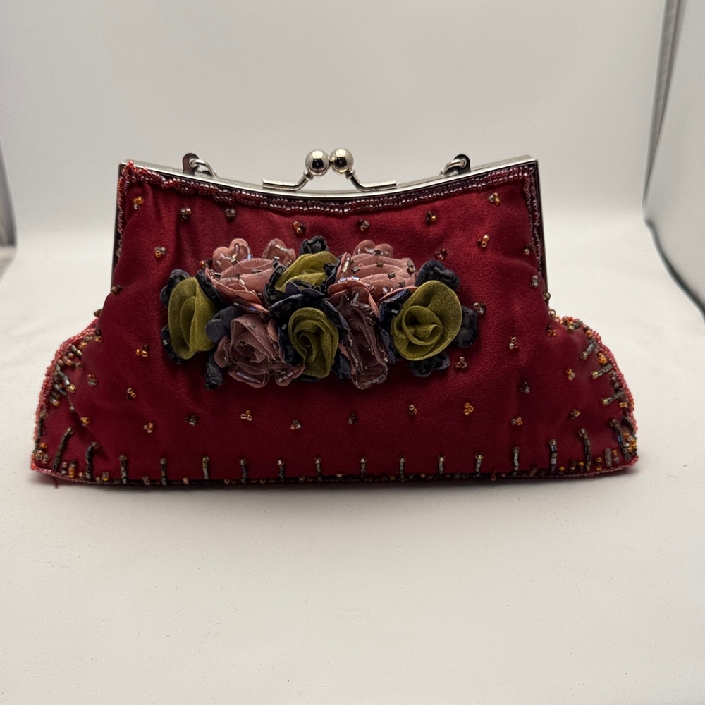 Elegant Red Satin beaded Floral Clutch